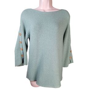 J Jill Sweater Womens Size Small Pullover Green‎ 3/4 Sleeve Button Sleeves